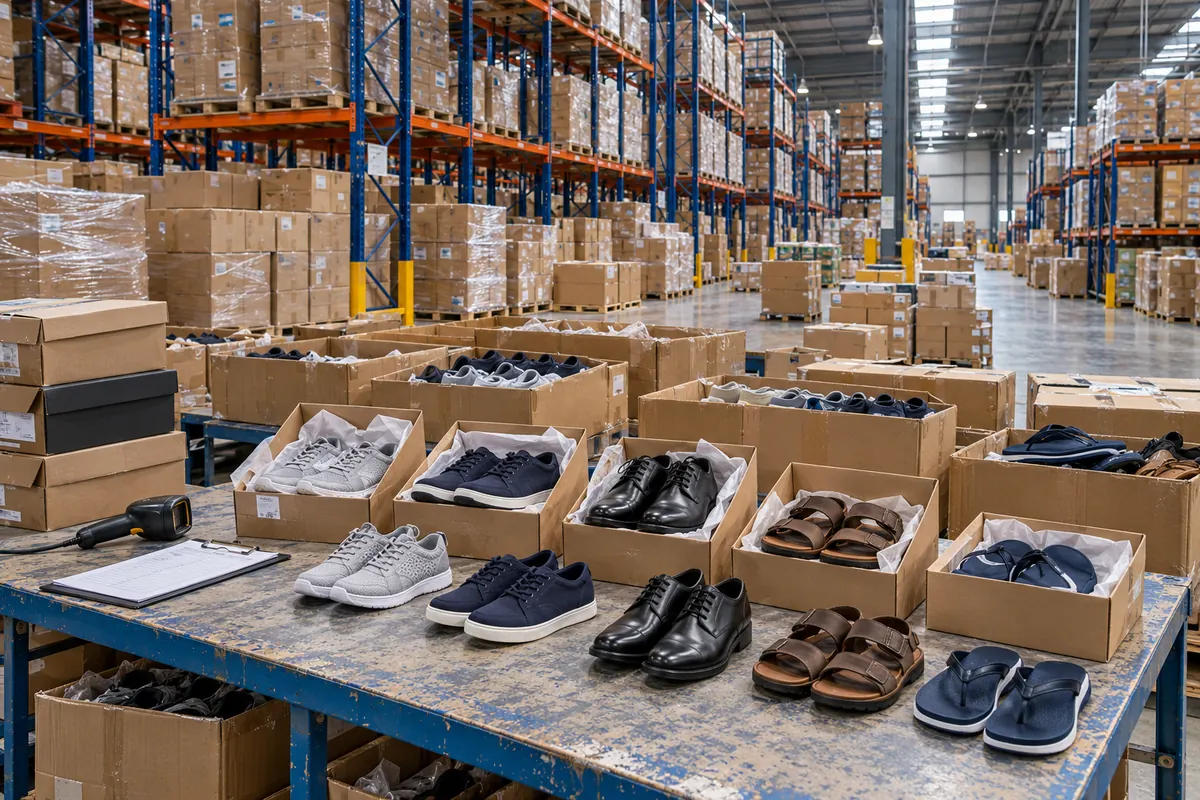 Illustrative footwear warehouse with matched shoe pairs, open bulk cartons and tall stocked pallet racks